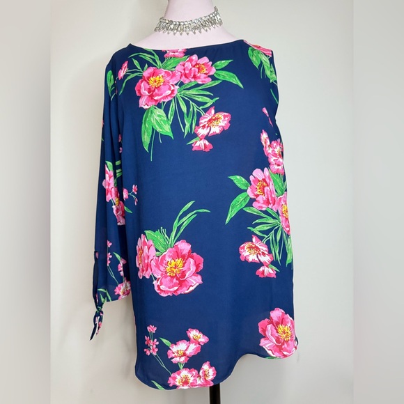Talbots Tops - Talbots Floral Blue Blouse 3/4 sleeve with Pink peonies in size large